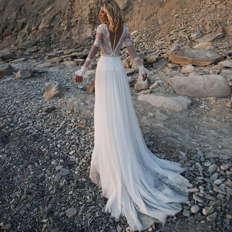 Robe de Mariée Bohème Dentelle Manche Longue | Robe de Mariée Bohème